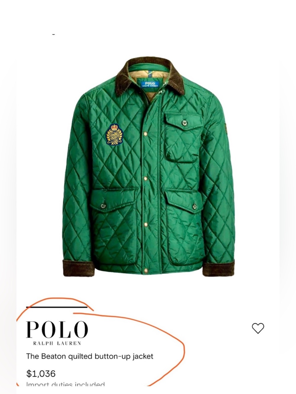 Polo by Ralph Lauren Green Quilted Beaton Jacket with Cord Trim